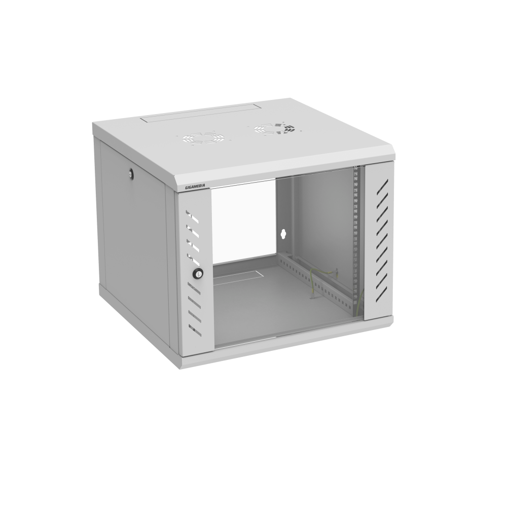 Armadio rack 19" a parete 9U 600x600, porta vetro, pannelli laterali removibili, IP20 (nero/grigio)