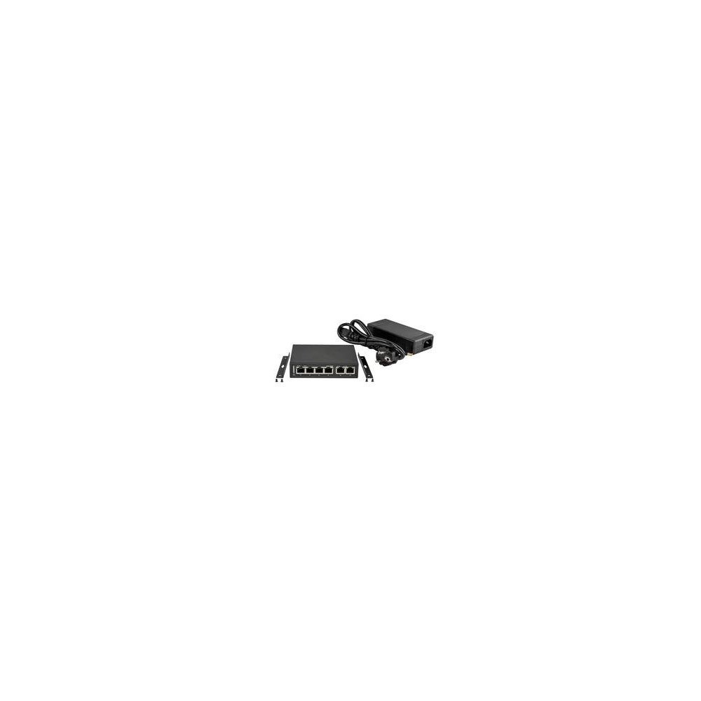 Switch Gigabit non gestito 6 porte con 4 PoE+ (802.3at), budget PoE 64 W, fanless, alimentatore esterno