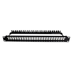Patch panel 19″ 1U vuoto 24 porte con clip posteriori, metallo nero RAL 9005 (per keystone/inserti)