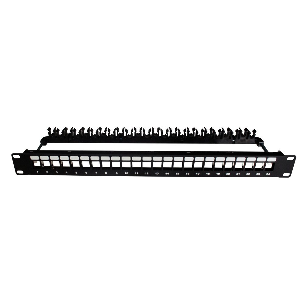 Patch panel 19″ 1U vuoto 24 porte con clip posteriori, metallo nero RAL 9005 (per keystone/inserti)