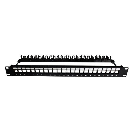 Patch panel 19″ 1U vuoto 24 porte con clip posteriori, metallo nero RAL 9005 (per keystone/inserti)