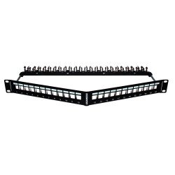 Patch panel 19″ 1U angolato vuoto 24 porte, metallo nero RAL 9005 (per soluzioni Cat.6A)