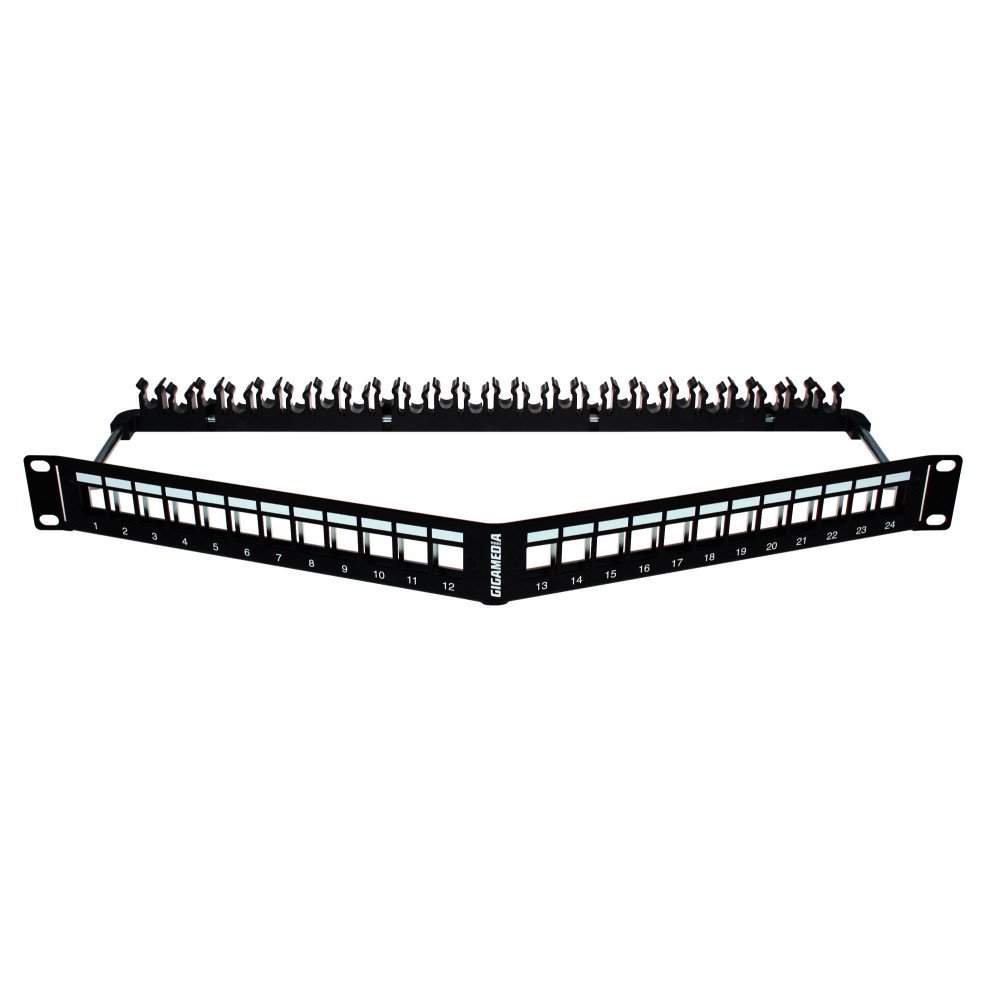 Patch panel 19″ 1U angolato vuoto 24 porte, metallo nero RAL 9005 (per soluzioni Cat.6A)