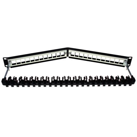 Patch panel 19″ 1U angolato vuoto 24 porte, metallo nero RAL 9005 (per soluzioni Cat.6A)