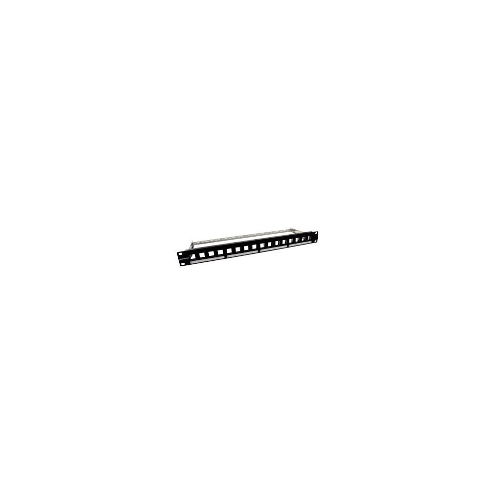 Patch panel premium 19″ 1U vuoto – modulare, 16 o 24 porte, nero RAL 9005, area numerazione/labeling