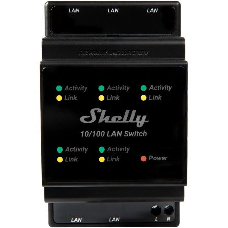 Shelly Switch LAN – Switch Ethernet DIN-montabile a 5 porte RJ45, 10/100 Mbps, alimentazione diretta 110-240 V~