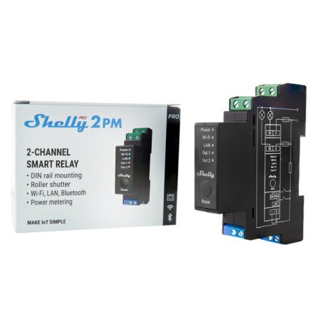 Shelly Pro 2PM v.1 – Relè smart Wi‑Fi/LAN/Bluetooth DIN 2 canali 16A con doppio contatore energia