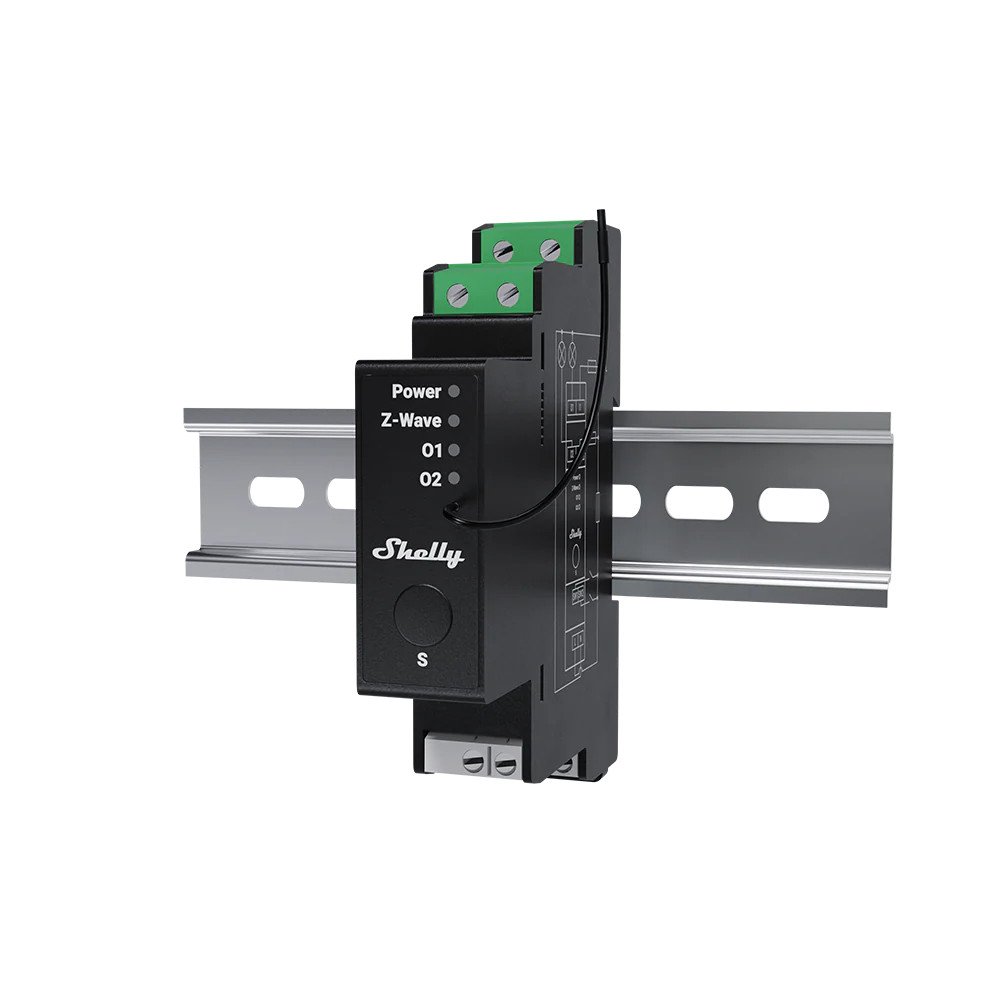 Shelly Wave Pro 2PM LR – attuatore Z‑Wave DIN rail a 2 canali con misurazione energia.