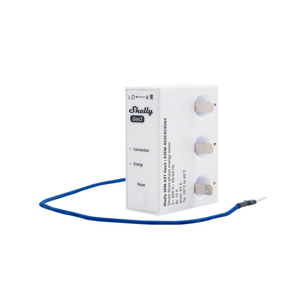 Shelly 3EM‑63T Gen3 – Misuratore energia trifase/3 circuiti 63A con terminali piatti, Wi‑Fi/Bluetooth, log 7 giorni