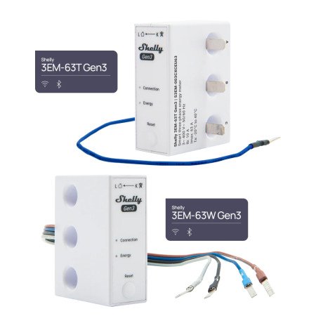 Shelly 3EM-63W Gen3 – Misuratore energia Wi‑Fi/Bluetooth 2 canali con pinza CT 50A inclusa e contatto pulito 2A