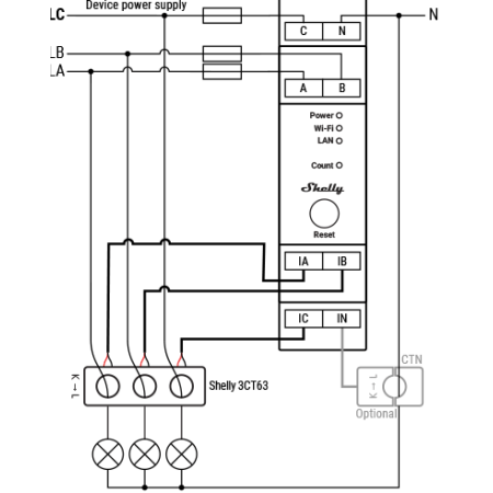 Shelly Pro 3EM 3CT63 – Contatore energia DIN mono/trifase 63A con CT trifase combinato, Wi‑Fi/LAN/Bluetooth, Modbus