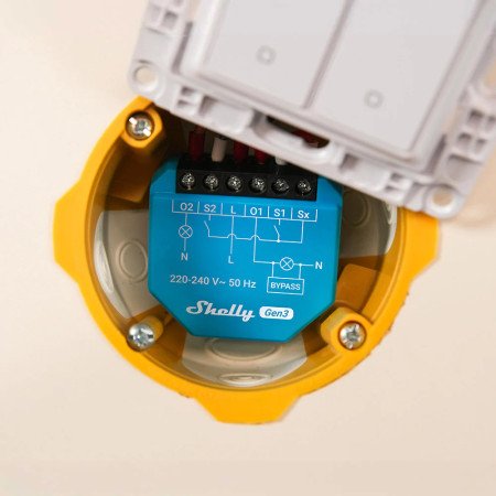Shelly 2L Gen3 – Interruttore smart 2 canali senza Neutro per luci, Wi‑Fi/Bluetooth, Bypass incluso (su O1), Matter ready