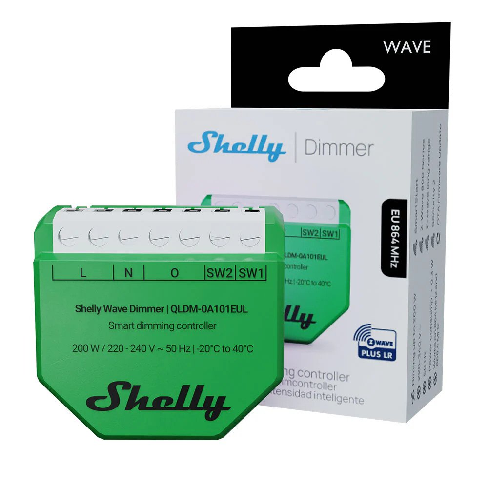 Shelly Wave Dimmer – Dimmer smart Z‑Wave EU/LR per luci dimmerabili, con/senza Neutro, misura consumi, gateway richiesto