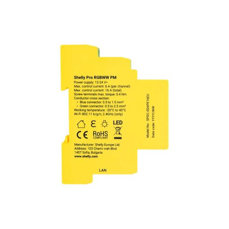 Shelly Pro RGBWW PM – Controller smart DIN 5 canali per LED RGB e CCT, 12-24 VDC, con misurazione consumi