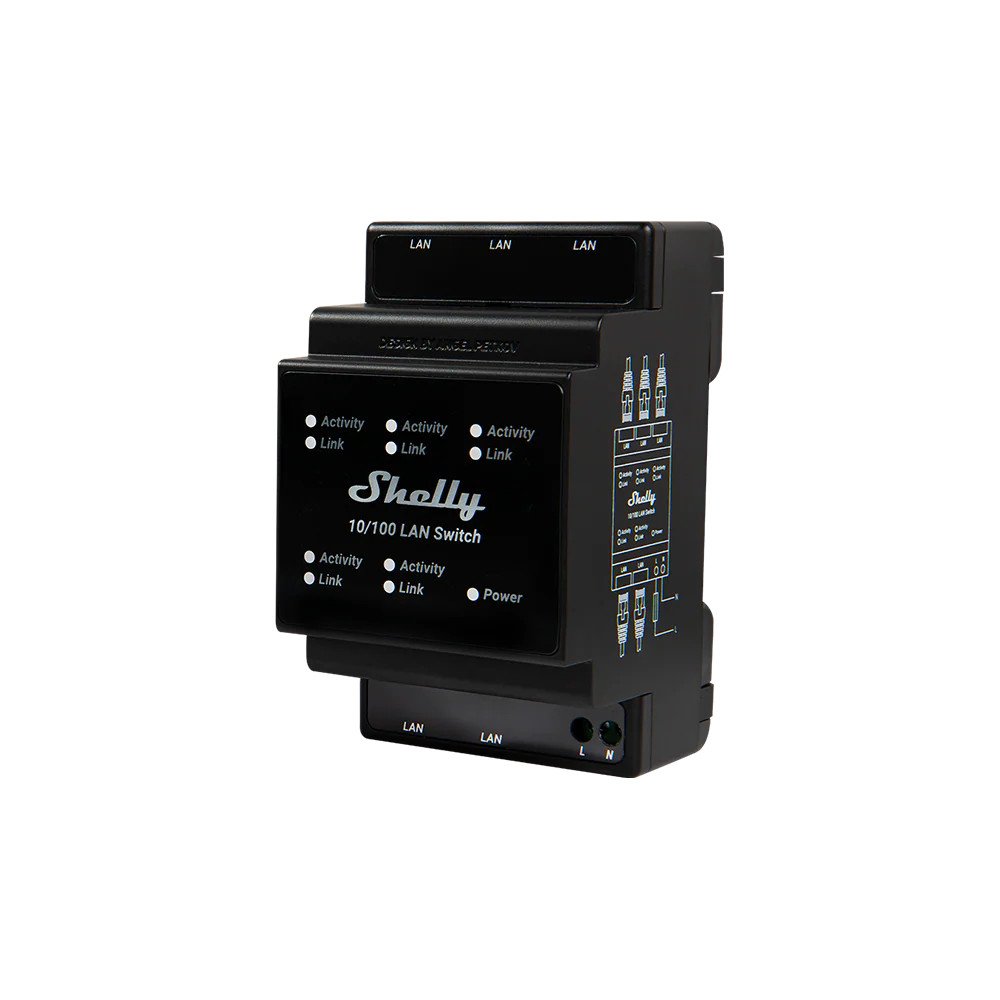 Shelly Switch LAN – Switch Ethernet DIN-montabile a 5 porte RJ45, 10/100 Mbps, alimentazione diretta 110-240 V~