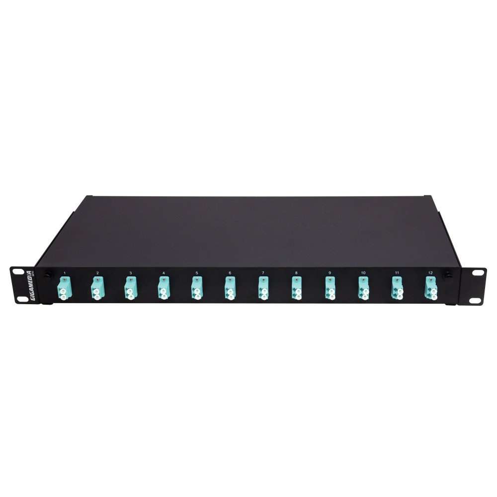 Patch panel INITIO 1U precaricato con 24 adattatori LC duplex OM4, 48 pigtail e portagiunti