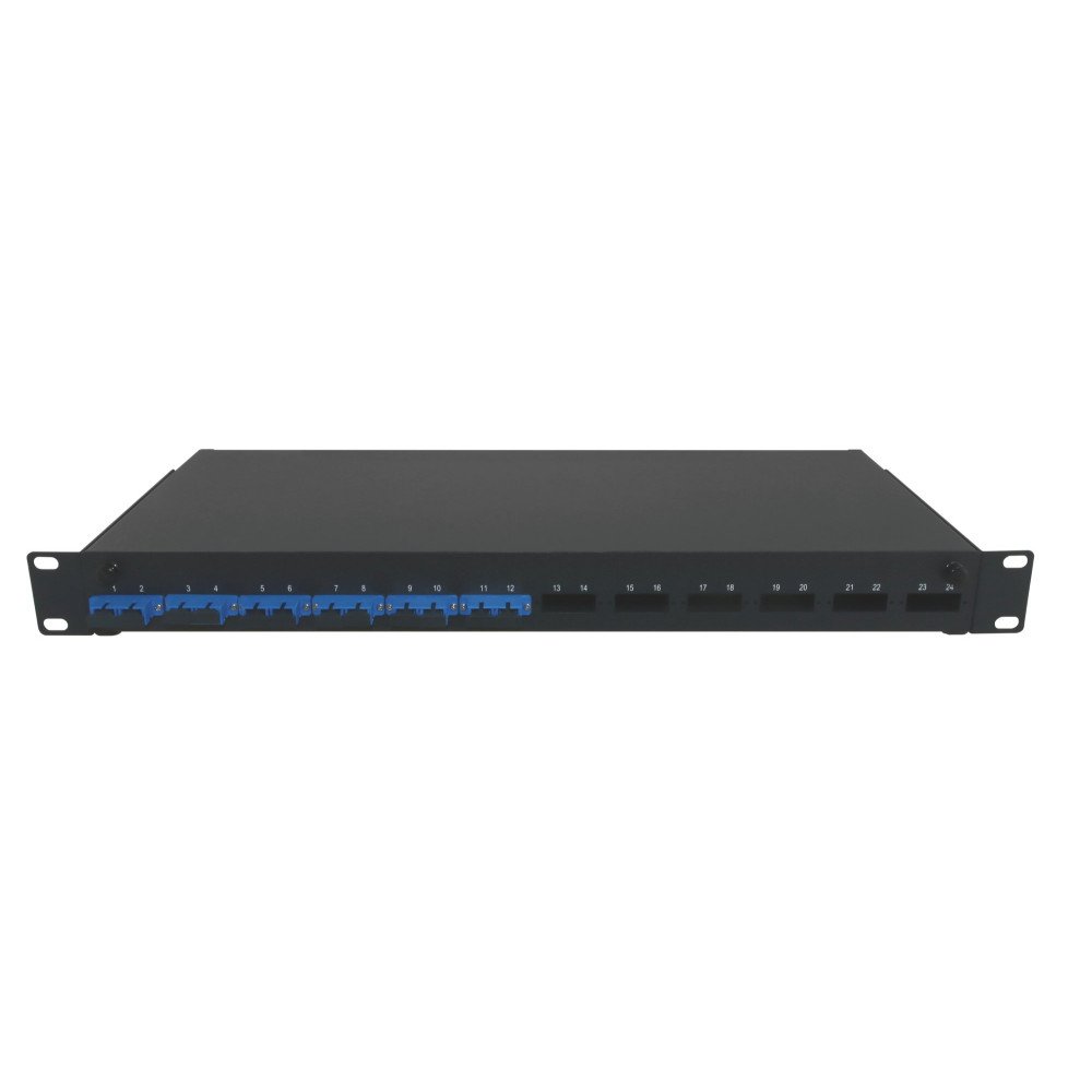 Patch panel INITIO 1U precaricato con 24 adattatori SC duplex OM3, 48 pigtail e portagiunti