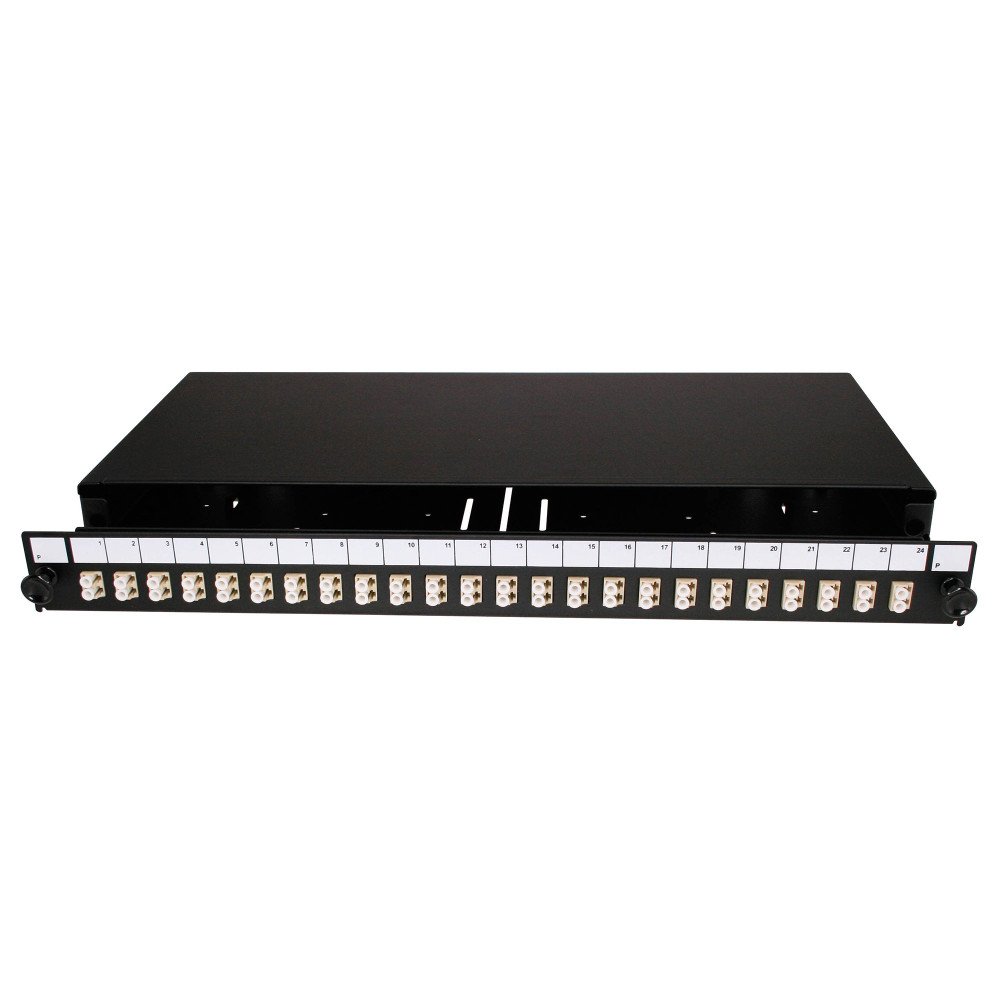 Patch panel INITIO 1U precaricato con 12 adattatori SC duplex OM3, 24 pigtail e portagiunti