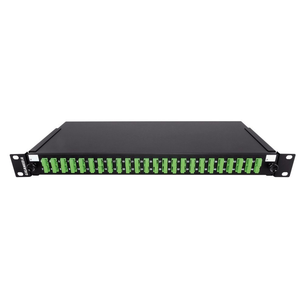 Patch panel 1U precaricato con 12 adattatori SC/APC duplex OS2 + 24 pigtail colorati